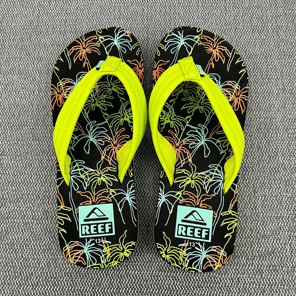 REEF Kids Boys Uni Thong Flip Flop Sandals Size 13 Black Green‎ Tropical Night